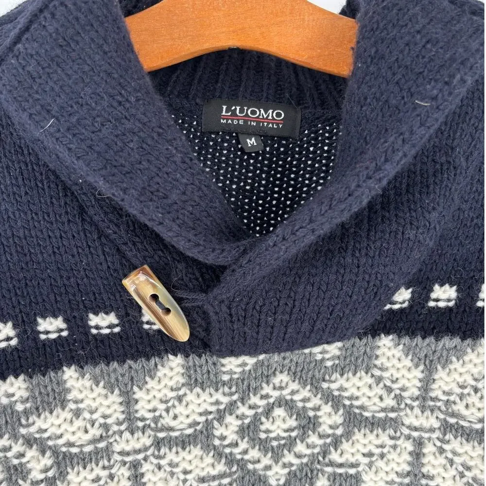 L’uomo Fair Isle Wool Blend Snowflake Sweater, Mens M, Made in Italy, Shawl Neck